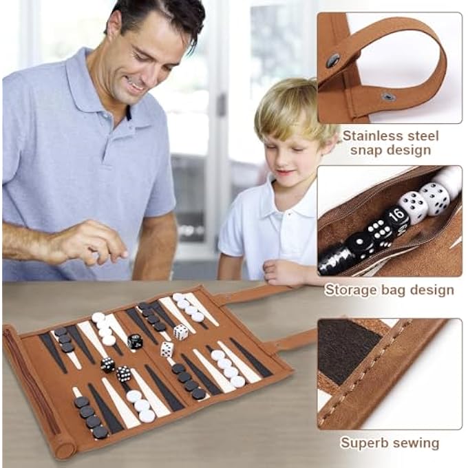 rayihni طقم لعبة الطاولة، 35.5 × 25 سم، طقم طاولة كلاسيكي، طاولة سفر للطاولة، لعبة سفر محمولة للطي، لعبة لوحية بمظهر جلد للكبار، المراهقين، عشاق السفر، بني - Image 5